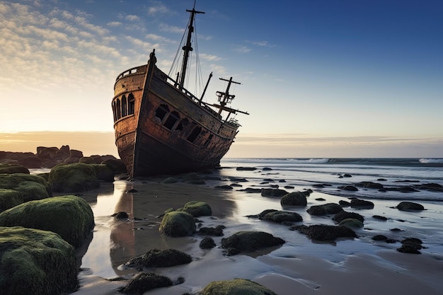 een schipbreuk op een strand