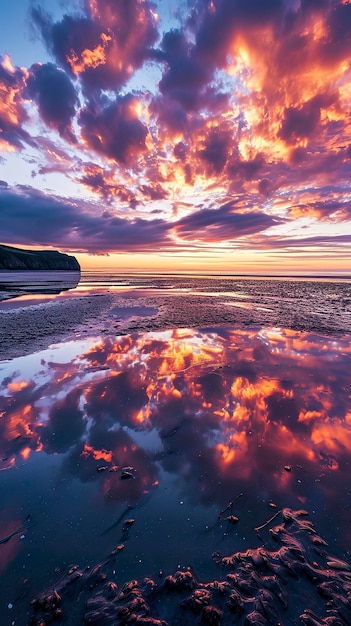 Een schitterend beeld van een levendige zonsondergang met wolken die tijdens het eb op het natte zand reflecteren