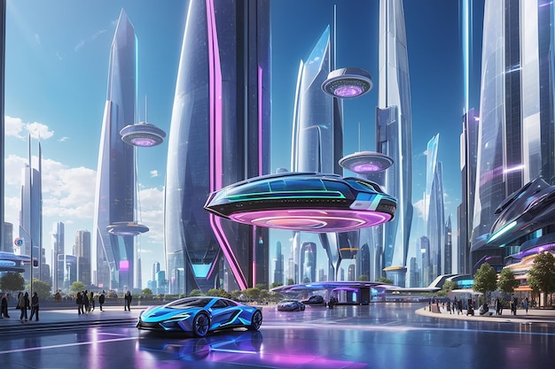 Een schitterend digitaal schilderij van een technologisch geavanceerde metropool in levendige futuristische pracht