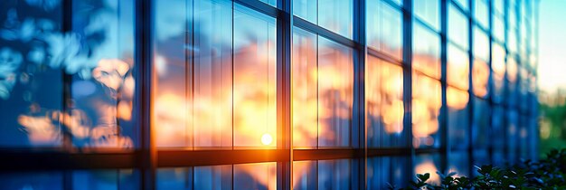 Een schitterend stadsbeeld uit een modern kantoor bij zonsondergang, een weerspiegeling van het dynamische samenspel van licht en stedelijke architectuur