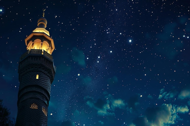 Een schitterend verlichte minaret in de schemering