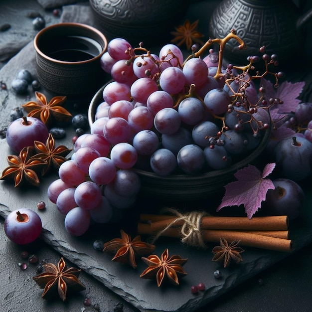 Een schitterende afbeelding van paarse druiven op een zwarte achtergrond