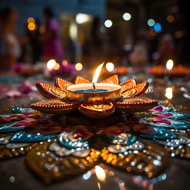 Foto een schitterende en feestelijke afbeelding van het diwali-festival dat de overwinning van het licht viert