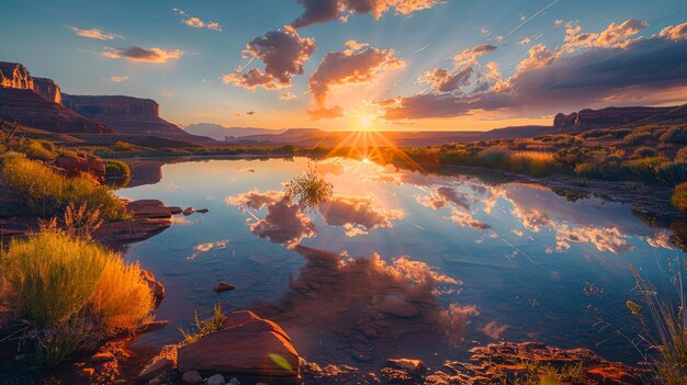 Foto een schitterende zonsondergang op rustig water met een majestueus berglandschap en weelderig gebladerte