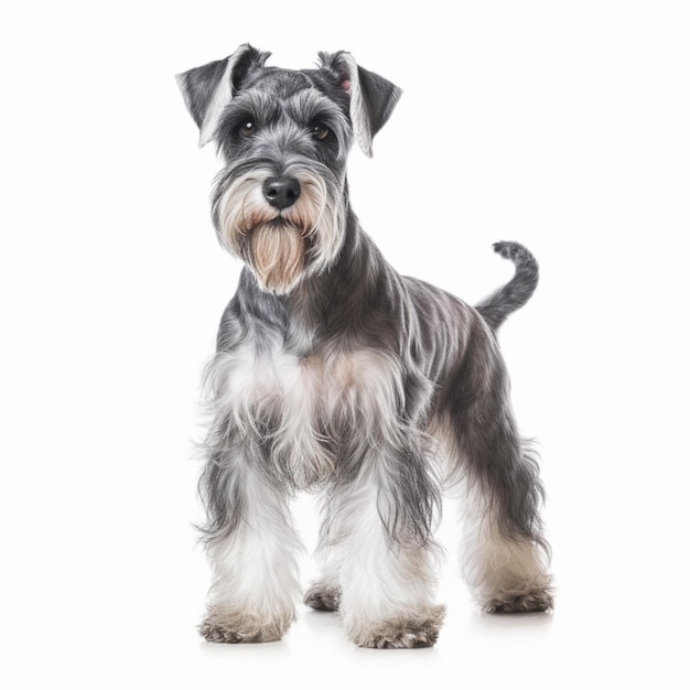 Een schnauzer met lang haar en een lange staart.