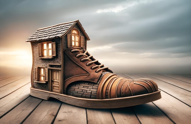 Foto een schoen die zich verandert in de vorm van een huis.