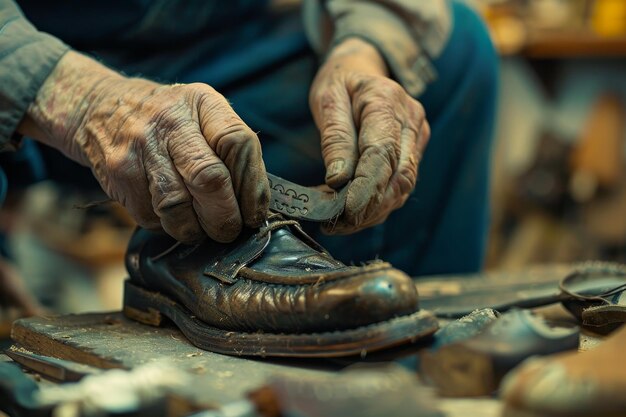 Een schoenmaker die een versleten zool repareert, een illustratie van het handwerk van schoenreparatie