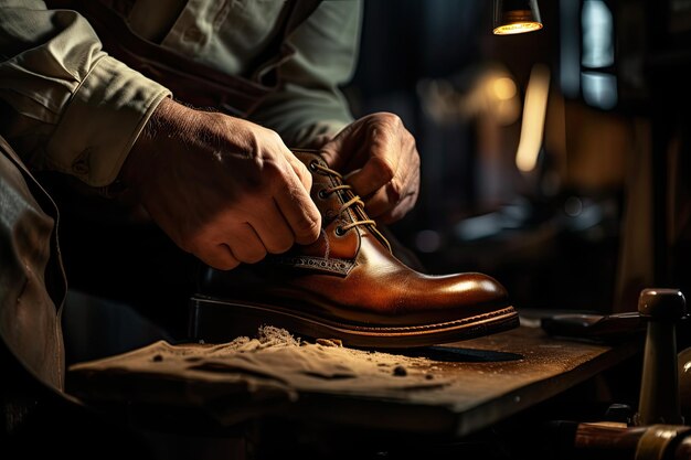 Foto een schoenmaker repareert de schoen van een man in een uitgeruste werkplaats closeup van de hardnekkige werkende handen van een bejaarde man