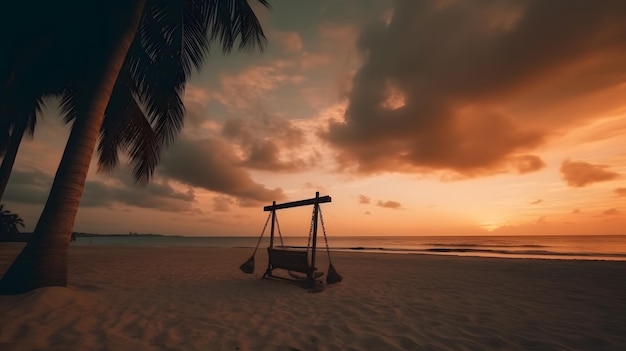 Een schommel op een strand bij zonsondergang