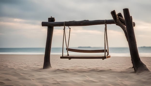 een schommel op een strand met de oceaan op de achtergrond