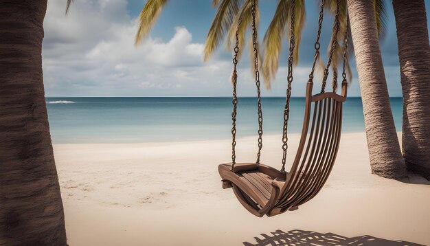 een schommel op een strand met een palmboom op de achtergrond