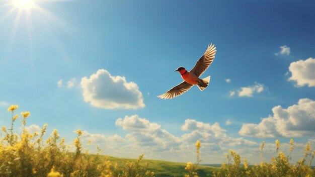 Een schone zonnige hemel landschap foto met vogels vliegen op de lucht natuur achtergrond