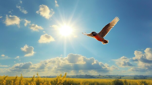 Een schone zonnige hemel landschap foto met vogels vliegen op de lucht natuur achtergrond