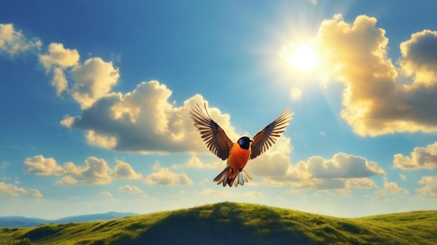 Foto een schone zonnige hemel landschap foto met vogels vliegen op de lucht natuur achtergrond