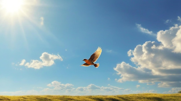 Een schone zonnige hemel landschap foto met vogels vliegen op de lucht natuur achtergrond