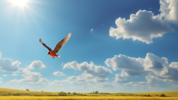 Een schone zonnige hemel landschap foto met vogels vliegen op de lucht natuur achtergrond