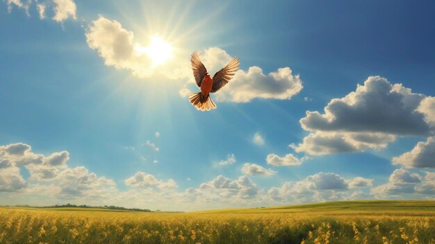 Een schone zonnige hemel landschap foto met vogels vliegen op de lucht natuur achtergrond