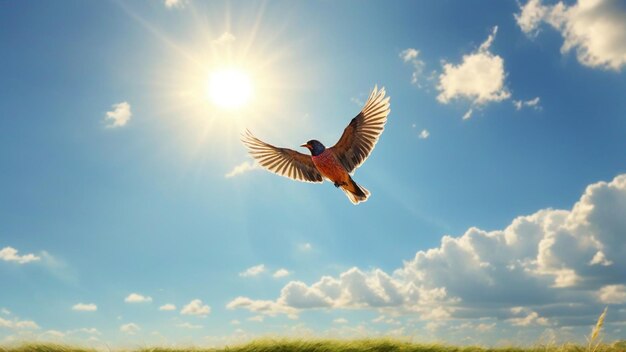 Een schone zonnige hemel landschap foto met vogels vliegen op de lucht natuur achtergrond