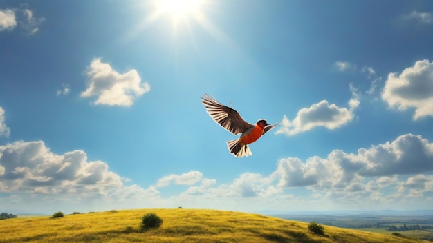 Een schone zonnige hemel landschap foto met vogels vliegen op de lucht natuur achtergrond