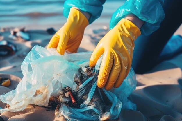 Een schoner strand Menselijke handen verzamelen afval voor een beter milieu