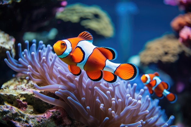 Een school van clownvissen in een kleurrijk koraalrif Een school van felgekleurde clownvisschen die in en uit het koraal springen