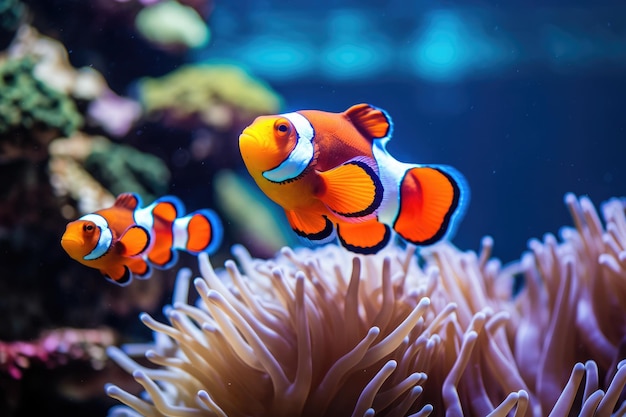 Een school van clownvissen in een kleurrijk koraalrif Een school van felgekleurde clownvisschen die in en uit het koraal springen