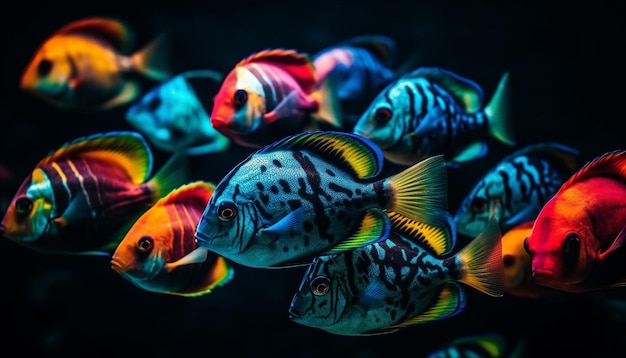 Een school van veelkleurige clownvissen die zwemmen in een door AI gegenereerd rif