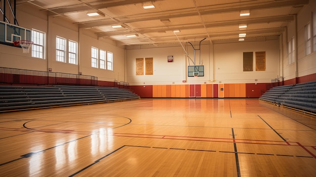 Een schoolgymnasium met basketbalringen en tribunes
