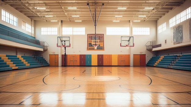 Een schoolgymnasium met basketbalringen en tribunes