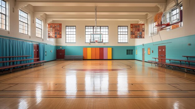 Een schoolgymnasium met basketbalringen en tribunes