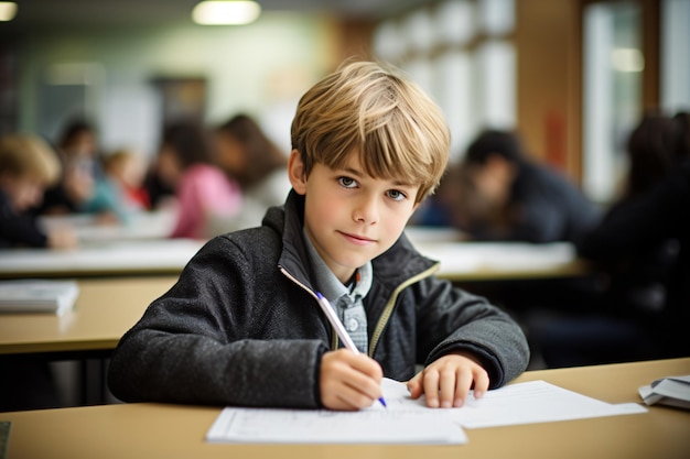 Een schooljongen die leert schrijven