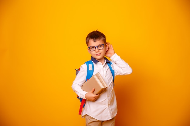 een schooljongen met een bril en een koffer