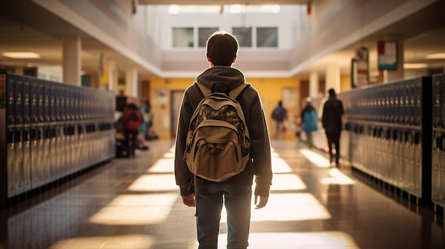 Een schooljongen met zijn rugzak over een schouder loopt door een helder verlichte schoolgang het geluid van echo's van voetstappen vult de lucht