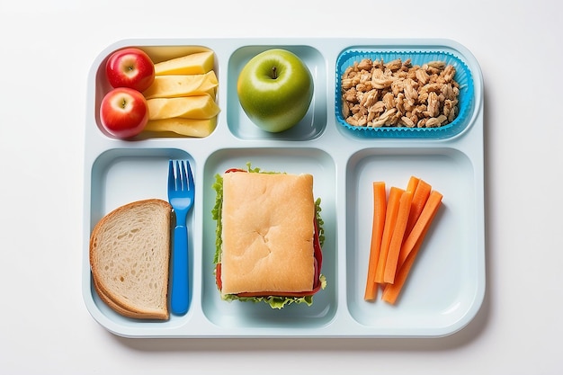 Een schoollunchbak op een witte achtergrond met kopieerruimte