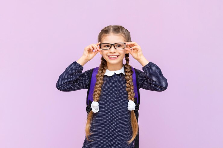 Een schoolmeisje in een schooluniform is heel blij