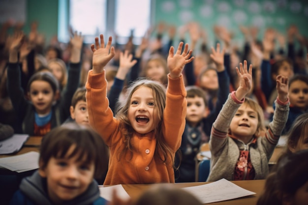 Een schoolmeisje met zijn armen opgeheven voor een klaslokaal