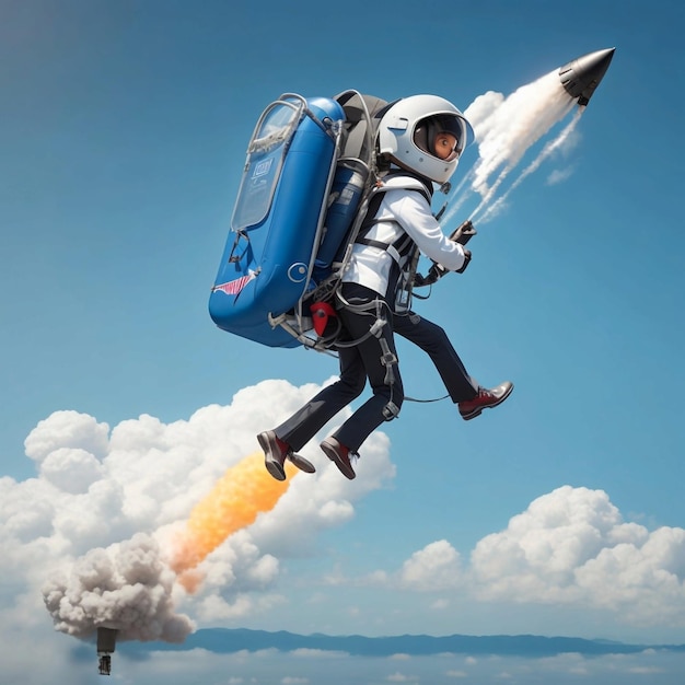 Foto een schoolpak vliegt op een jetpack