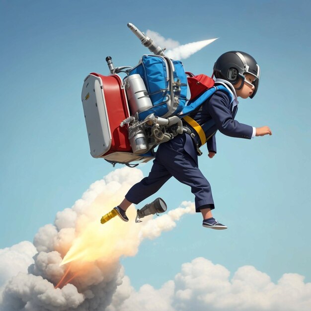 een schoolpak vliegt op een jetpack