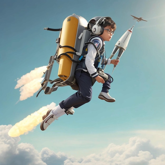 een schoolpak vliegt op een jetpack