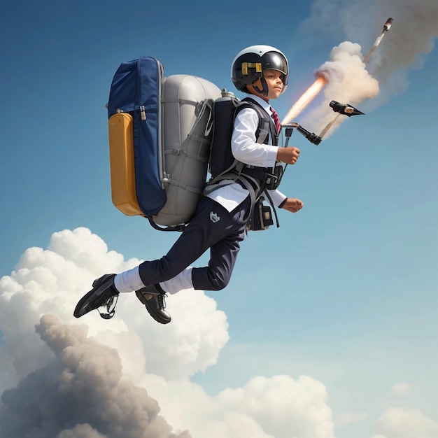 een schoolpak vliegt op een jetpack