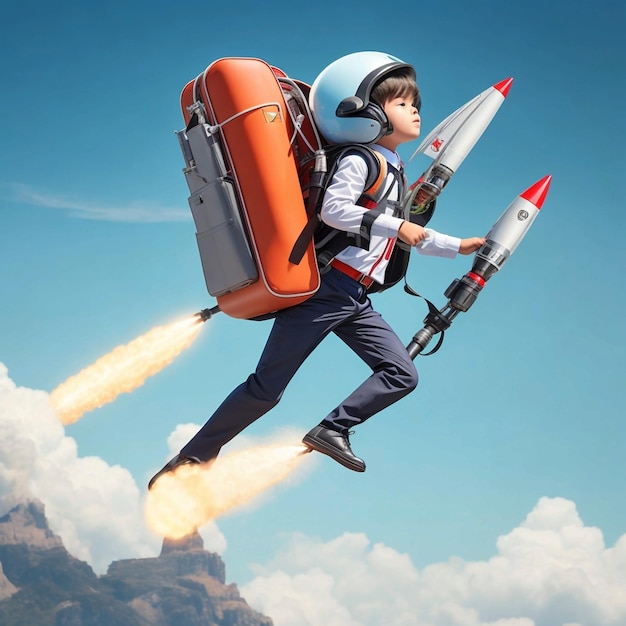 een schoolpak vliegt op een jetpack