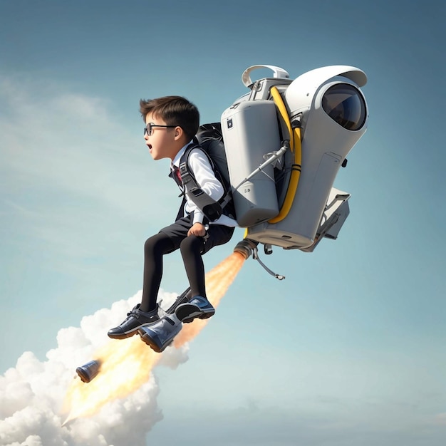 een schoolpak vliegt op een jetpack