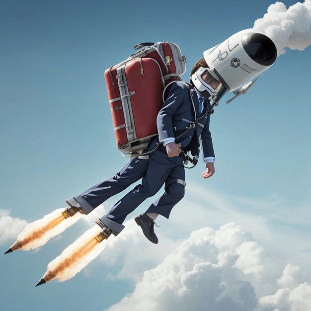 een schoolpak vliegt op een jetpack