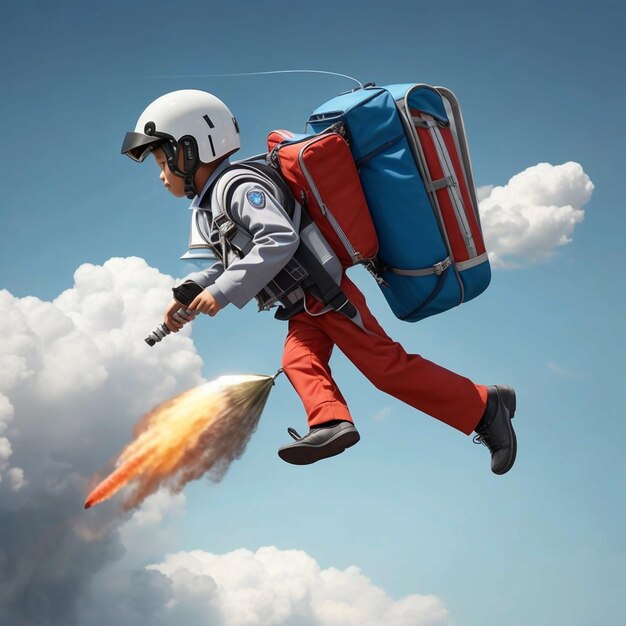 een schoolpak vliegt op een jetpack