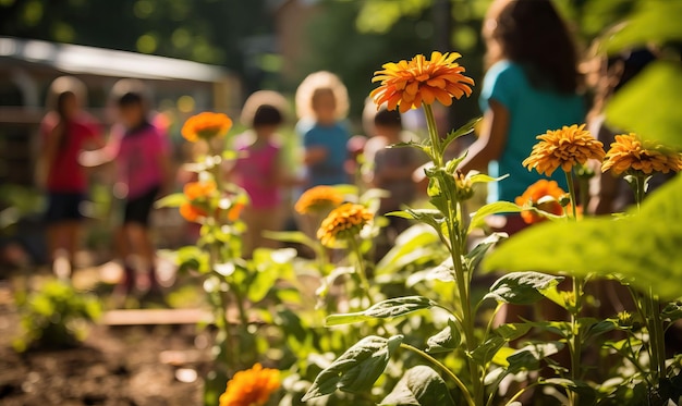 Foto een schooltuin die bloeit met levendige bloemen en bloeiende groenten