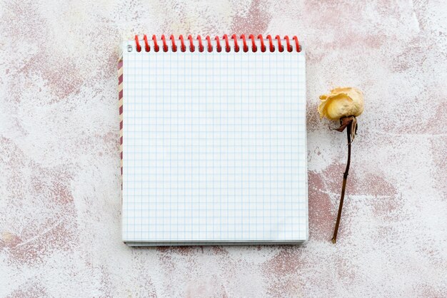 Een schoon notitieblok om op een lichte delicate achtergrond en droge bloemen en kruiden te schrijven Briefpapier zachte achtergrond Bovenaanzicht close-up en kopieer ruimte