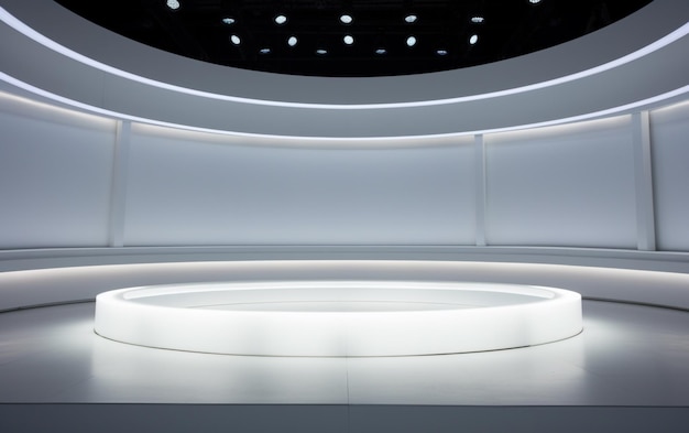Een schoon wit cirkelvormig podium met verlichting beneden en een gevulde plafond