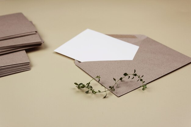 Een schoon wit vel in een bruine envelop met een takje tijm. Mockup van uitnodiging en wenskaart.