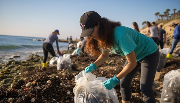 Een schoonmaak evenement op het strand met vrijwilligers van alle leeftijden die vuilnis verzamelen Wereld Milieu Onderwijs