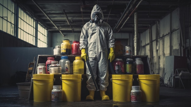 Een schoonmaakman die in een gebouw staat met een emmer gevuld met chemicaliën en voorzieningen om op te ruimen